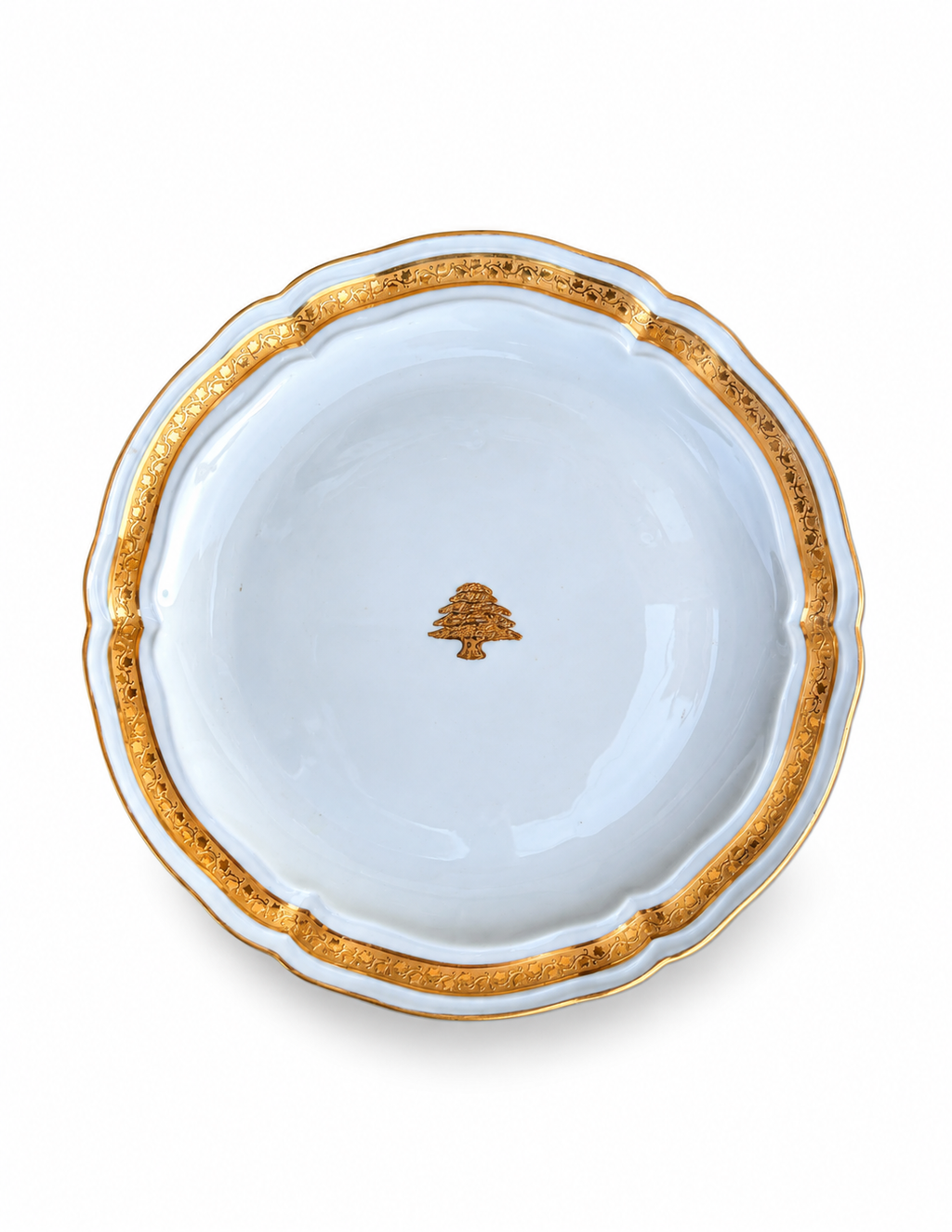 Limoges Bernardaud Cheverny Porcelain Plate,  with Cedar of Lebanon & Gilt Border. RL Monogram.