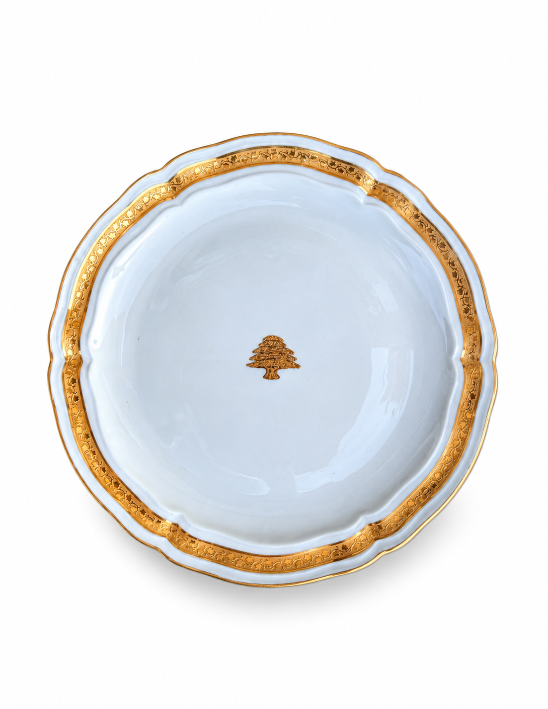 Limoges Bernardaud Cheverny Porcelain Plate,  with Cedar of Lebanon & Gilt Border. RL Monogram.