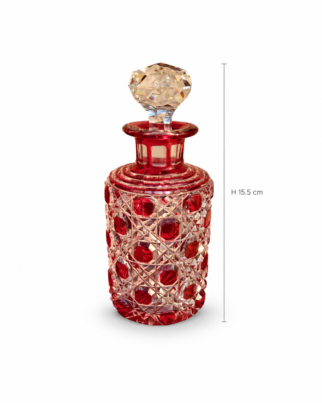 Antique ruby red cut crystal perfume bottle with stopper, side view showing H 15.5 cm