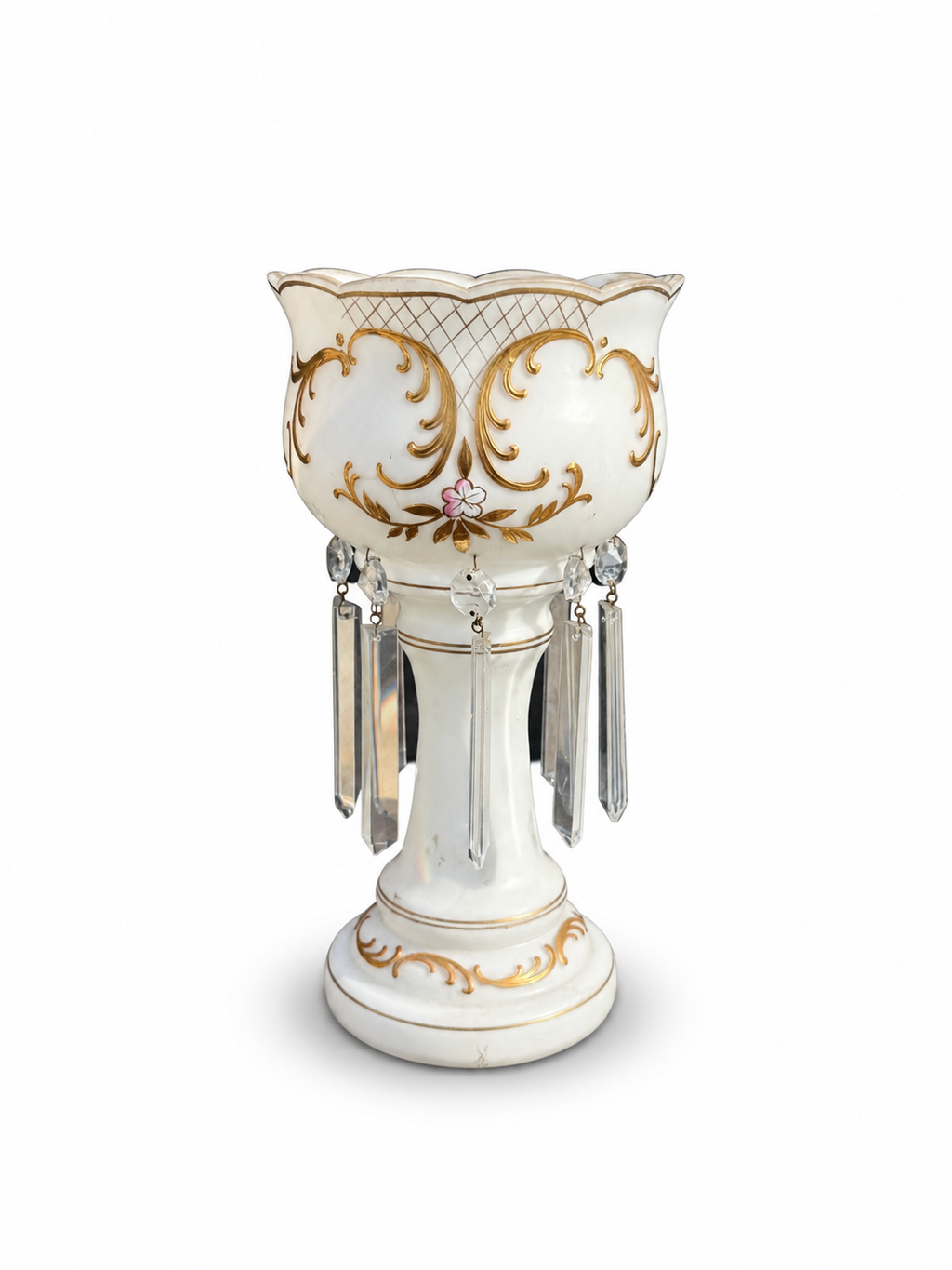 Antique Bohemian White Opaline Glass Lustre with Gilt Decoration & Crystal Prisms