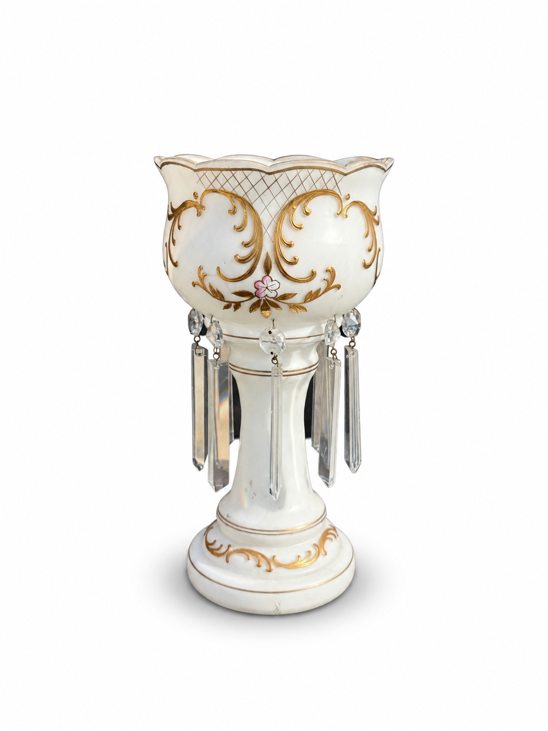 Antique Bohemian White Opaline Glass Lustre with Gilt Decoration & Crystal Prisms