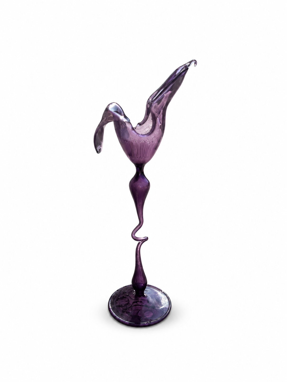 Murano Amethyst Purple Art Glass Vase with Free Form Folded Rim & Engraved Floral Decoration.
