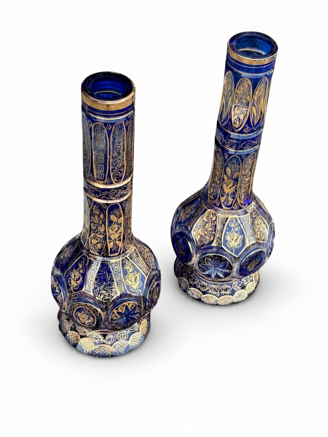 Pair of Antique Bohemian Cobalt Blue & Gilt Glass Bottle Vases