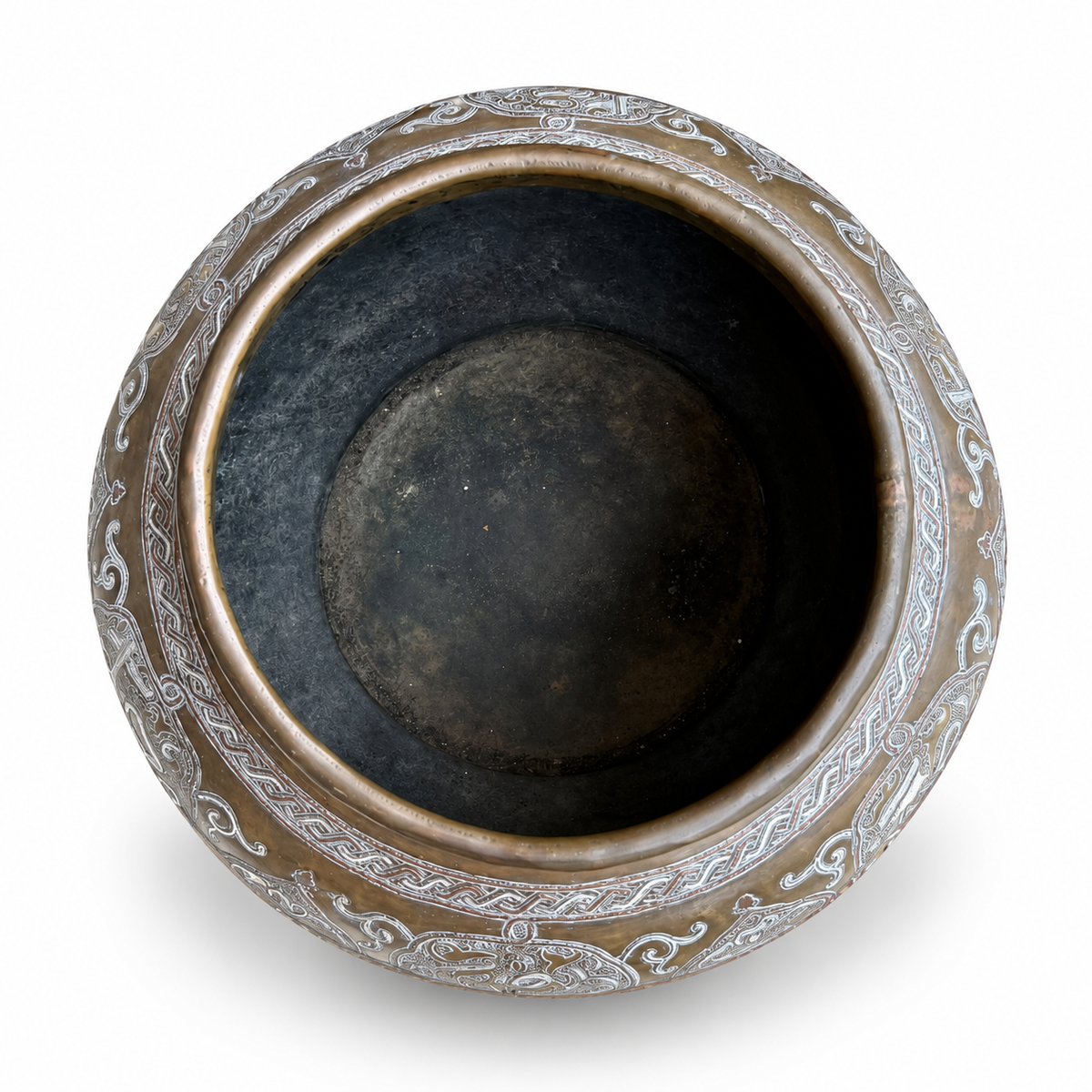 Large Mamluk Revival Silver & Copper Inlaid Brass Vessel