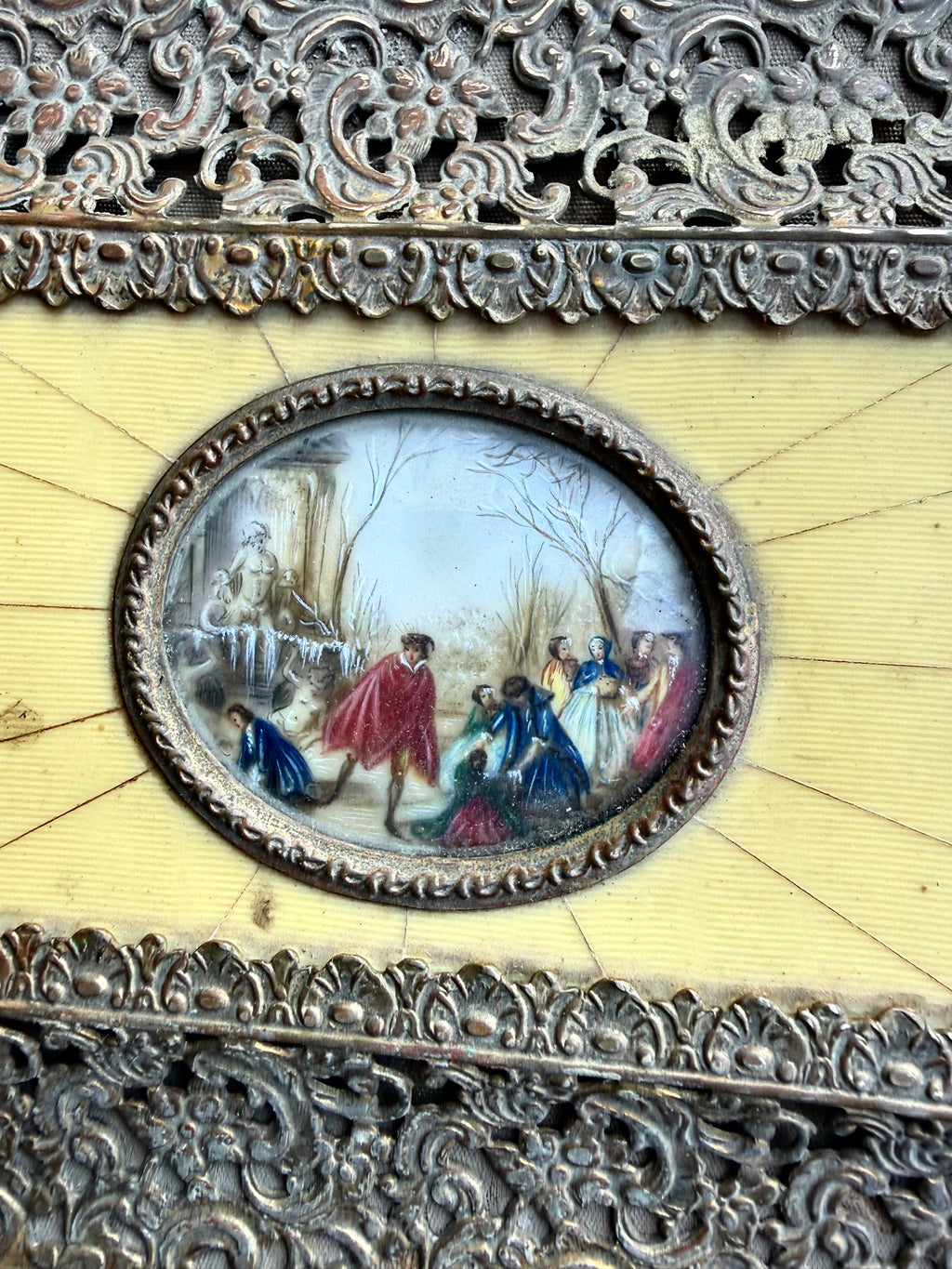 Antique Ornate Jewelry Casket with Miniature Painting & Pierced Metalwork