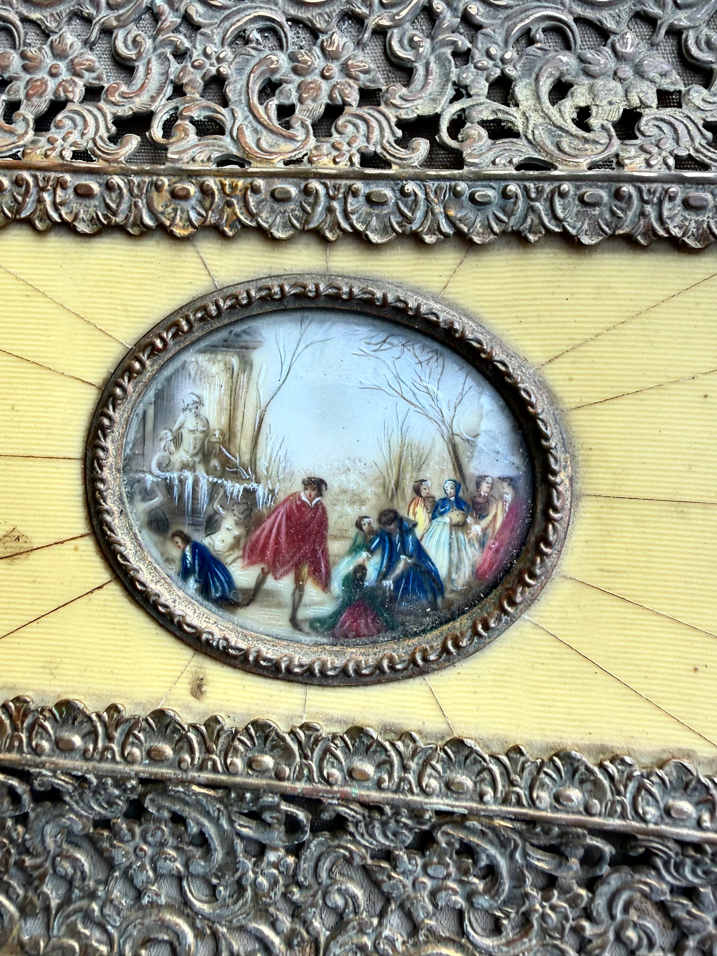 Antique Ornate Jewelry Casket with Miniature Painting & Pierced Metalwork