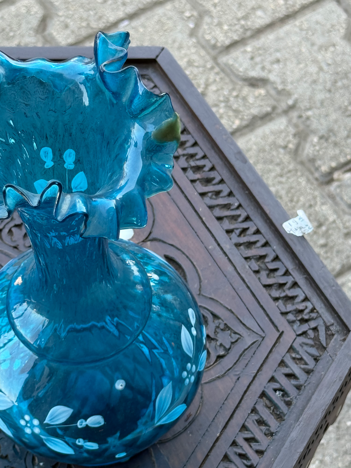 Pair of Antique Turquoise Hand Blown Glass Vases with Ruffled Rims, c. 1890–1920