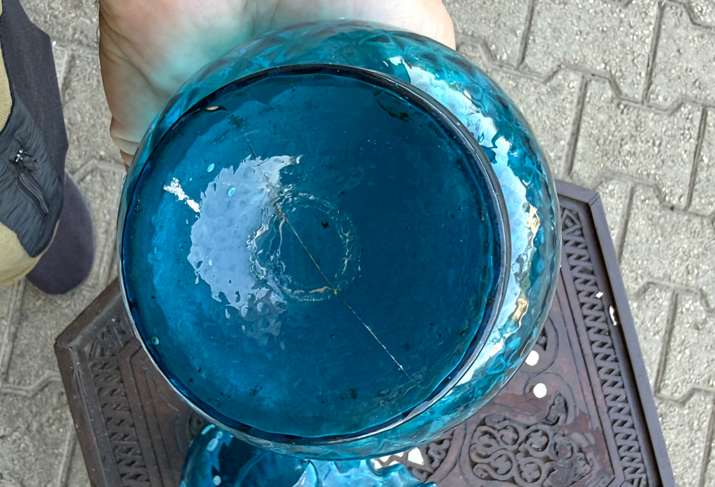 Pair of Antique Turquoise Hand Blown Glass Vases with Ruffled Rims, c. 1890–1920