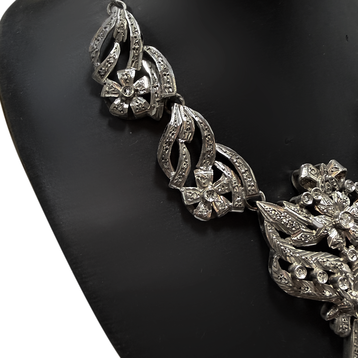 Antique Silver Floral Statement Necklace with Paste Stones
