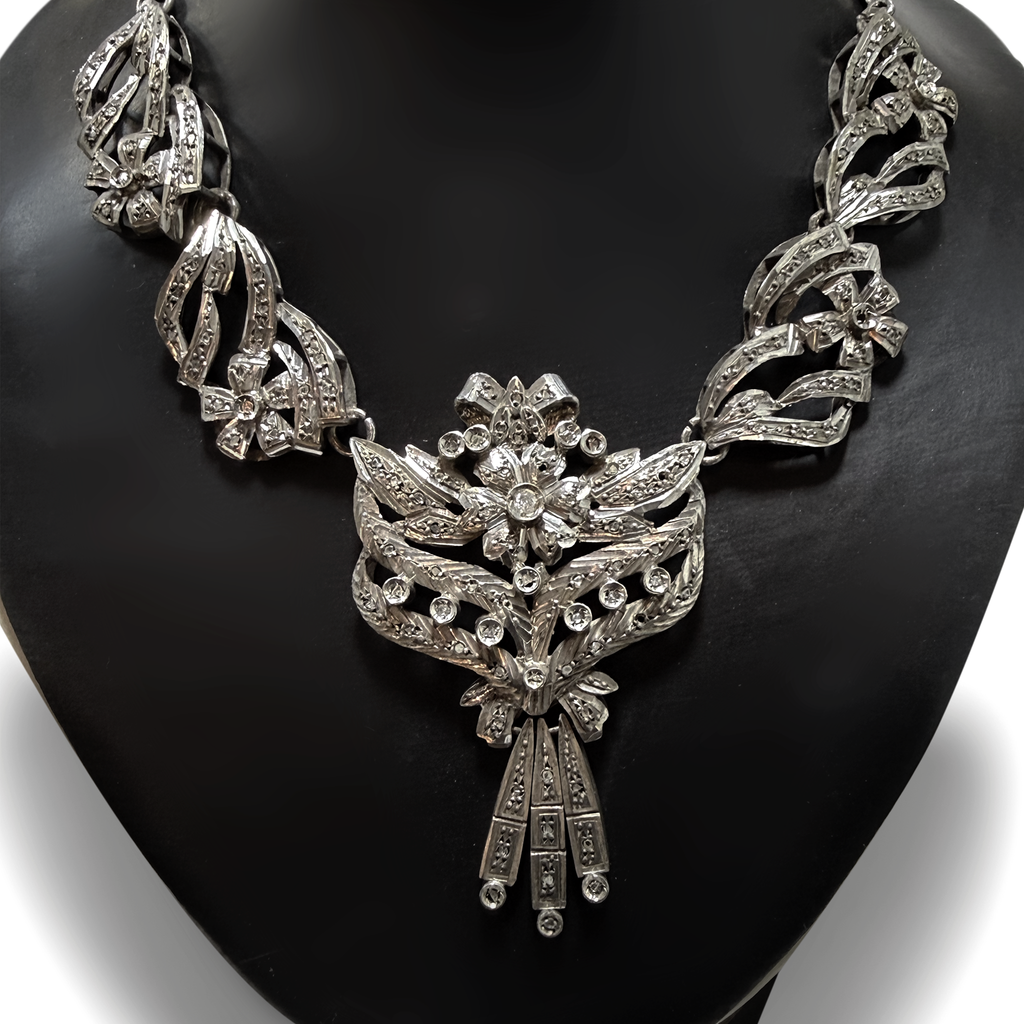 Antique Silver Floral Statement Necklace with Paste Stones