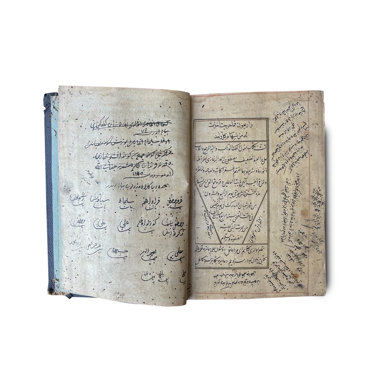 Ottoman Arabic manuscript — open spread showing colophon and ownership inscriptions
