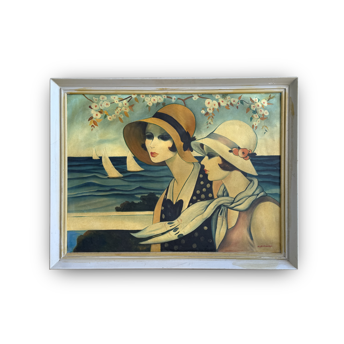 Vintage Art Deco Style Seaside Portrait, Signed M. Bernardo