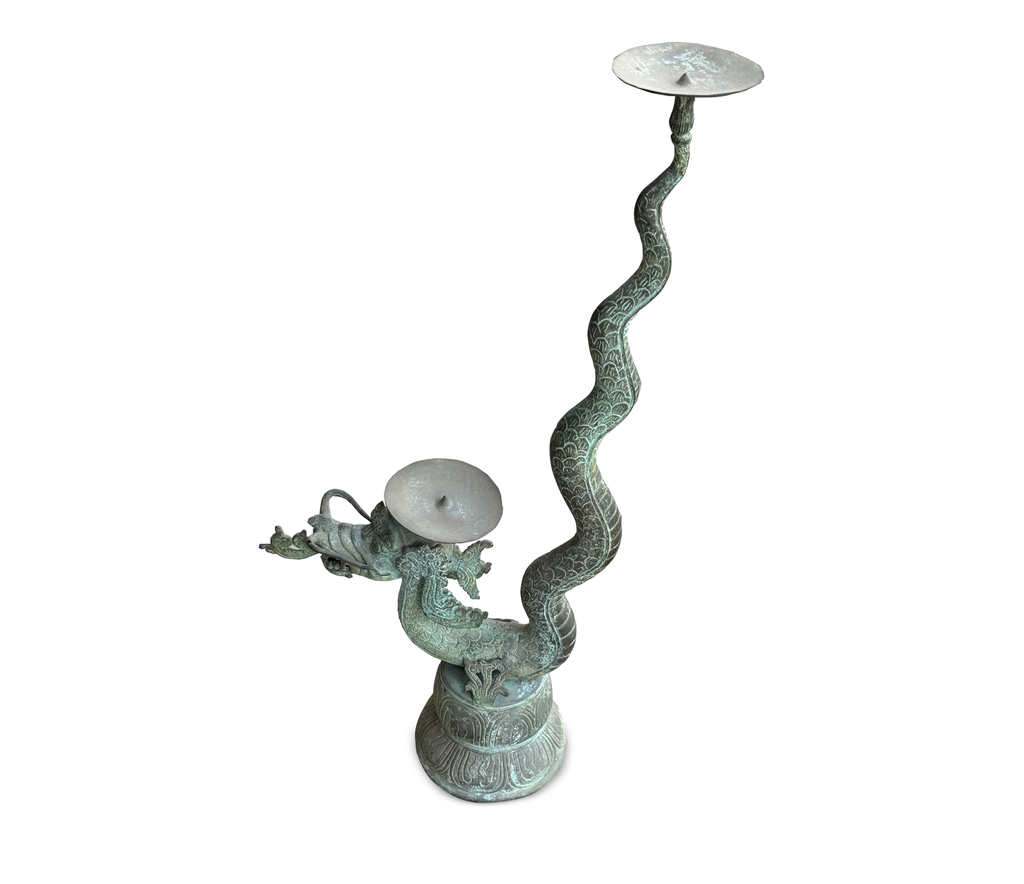 Vintage Indonesian Bronze Naga Dragon Candlestick, 60 cm