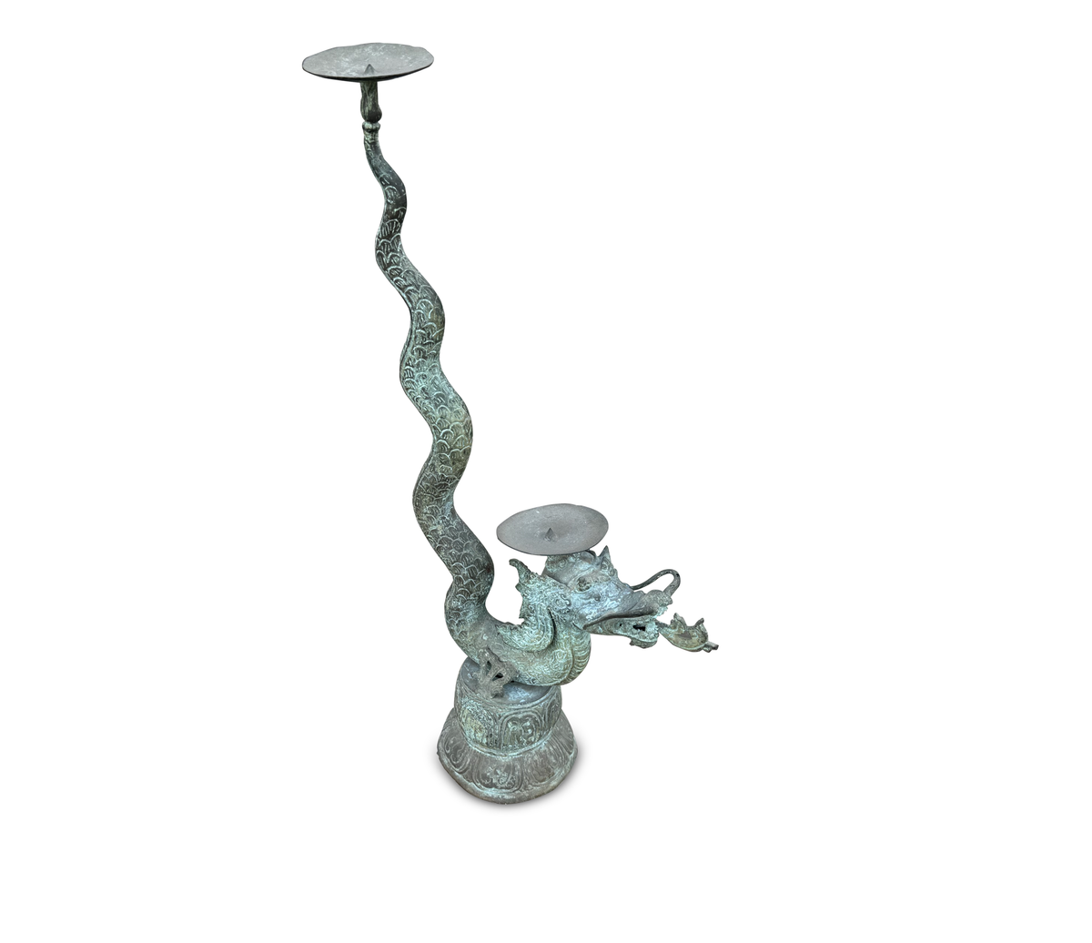 Vintage Indonesian Bronze Naga Dragon Candlestick, 60 cm