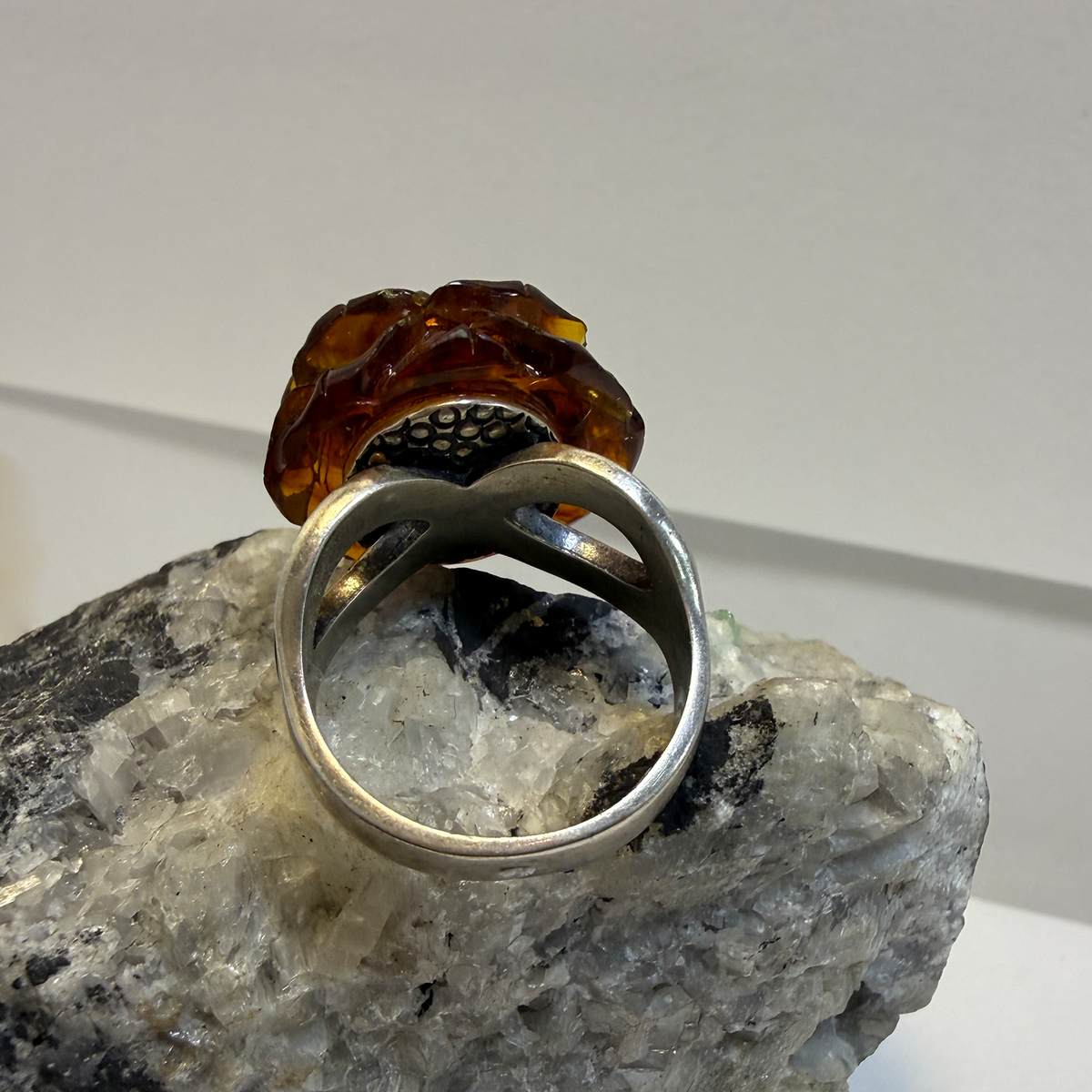 Vintage Natural Baltic Amber Carved Rose Ring in Silver