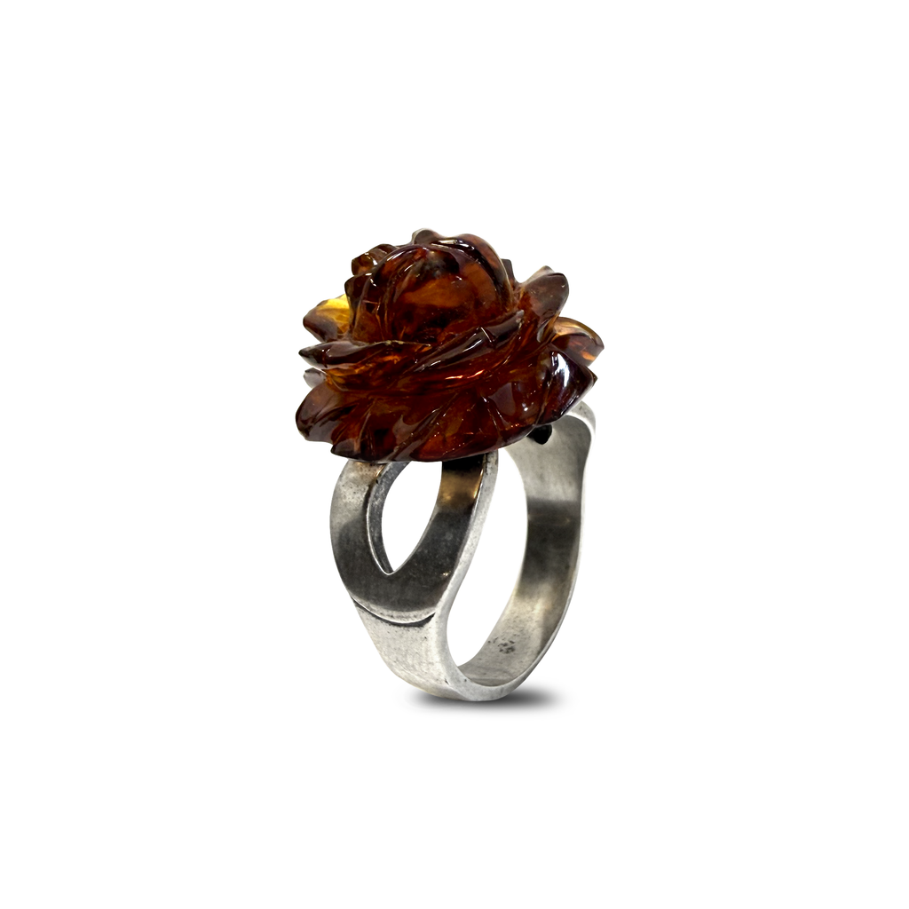 Vintage Natural Baltic Amber Carved Rose Ring in Silver