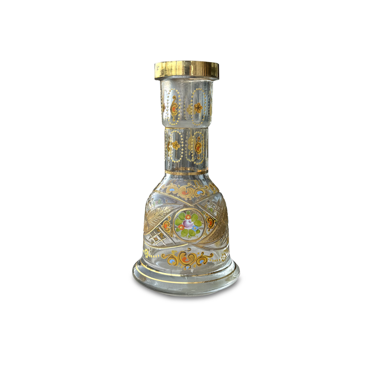 Glass argileh base with colorful floral motifs and gold-toned decoration