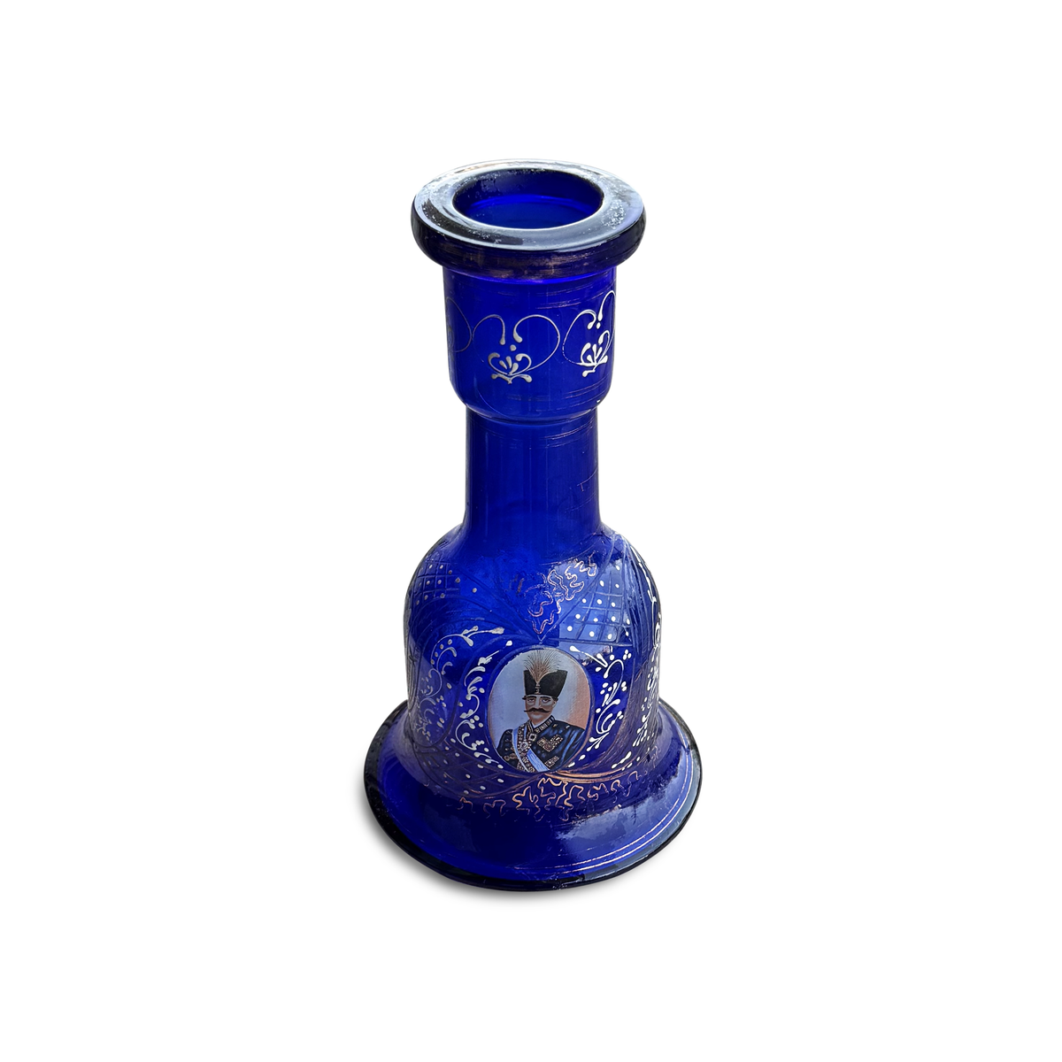 Cobalt-blue glass argileh base with portrait medallion and pale floral scrollwork