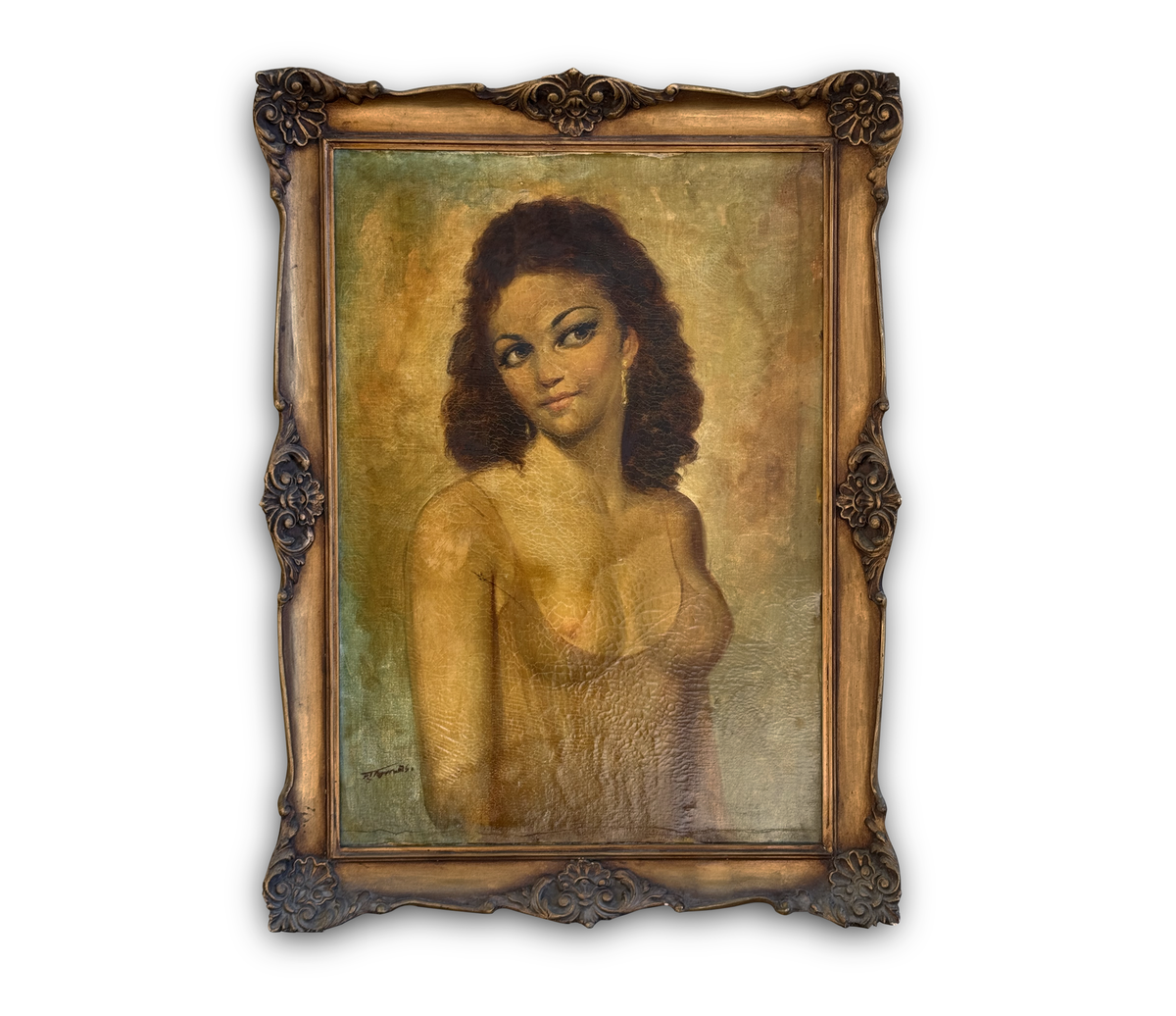 Portrait of a Young Woman, Oil on Canvas, Signed, Mid 20th Century, in Gilt Frame