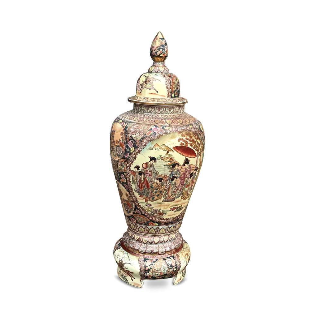 Large Japanese Satsuma floor vase with lid and stand, full view