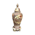 Large Japanese Satsuma floor vase with lid and stand, full view