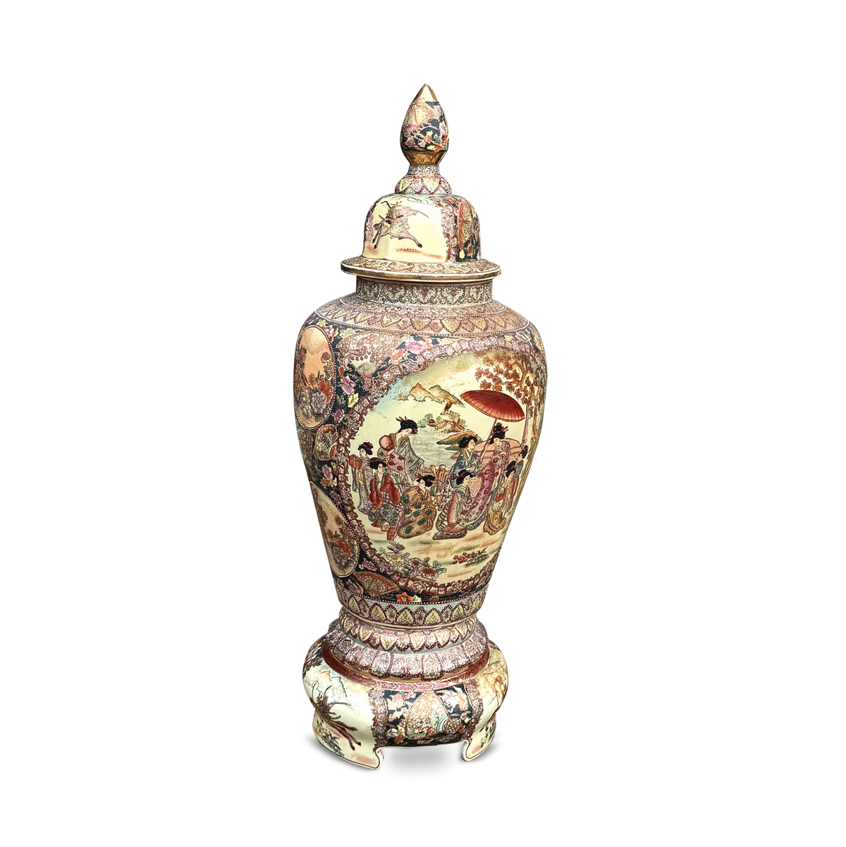 Large Japanese Satsuma floor vase with lid and stand, full view