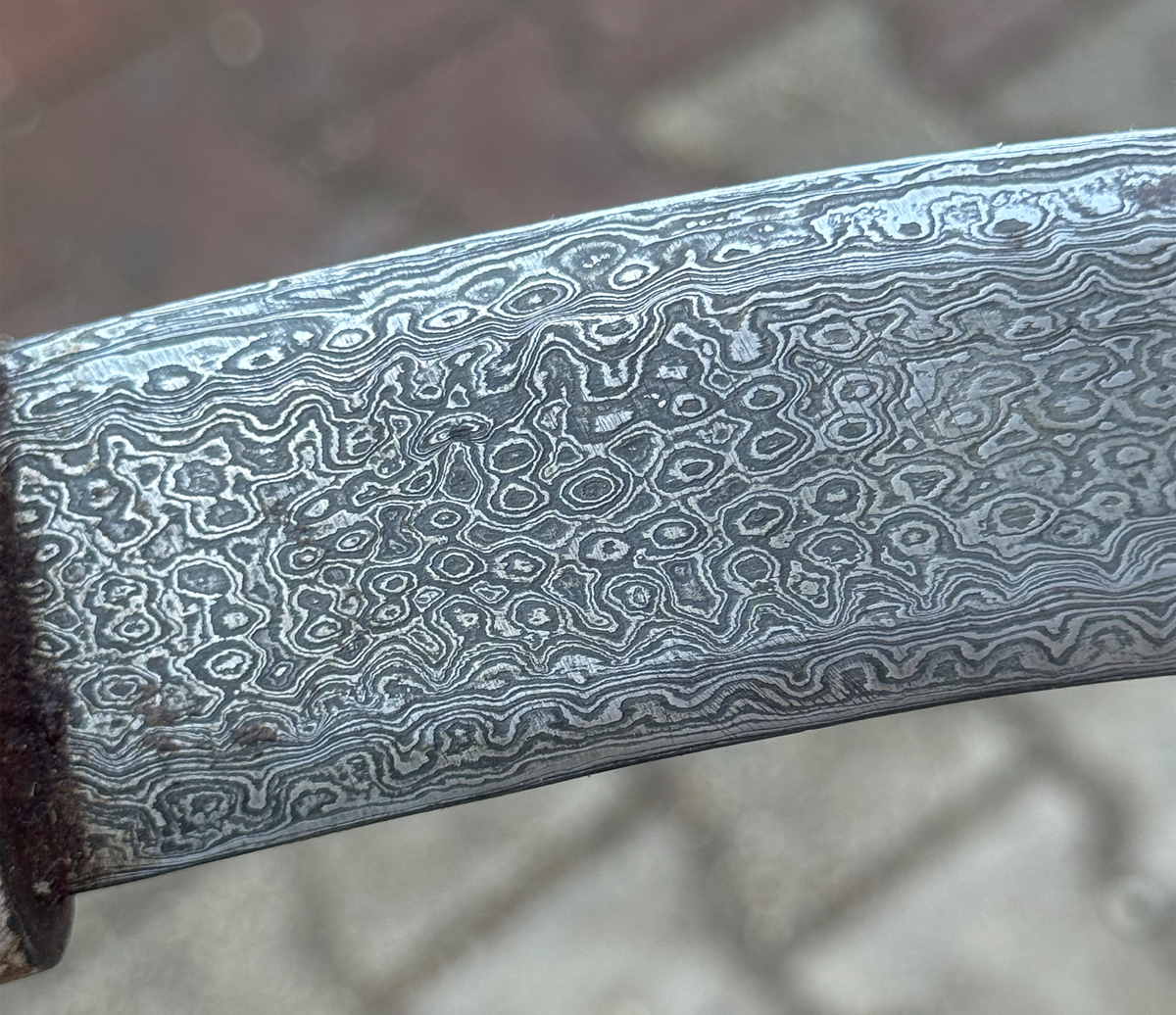 Antique Arabian Jambiya Khanjar Dagger Silver Inlaid Hilt & Scabbard, Pattern Welded Damascus Blade, Calligraphic Cartouche