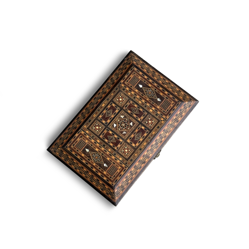 Old Syrian Mosaic Inlaid Wooden Box, Geometric Marquetry & Mother of Pearl
