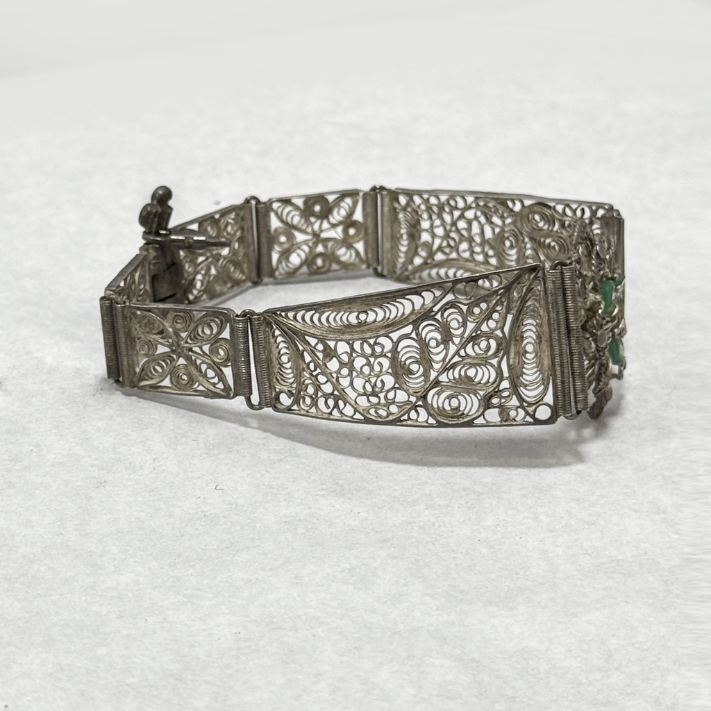 Vintage Silver Filigree Bracelet with Emerald Cabochons