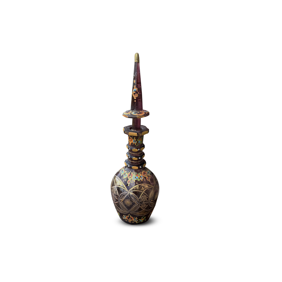 Decorative Amethyst Glass Decanter with Hand Painted Enamel, Gilt & Cut Star Decoration
