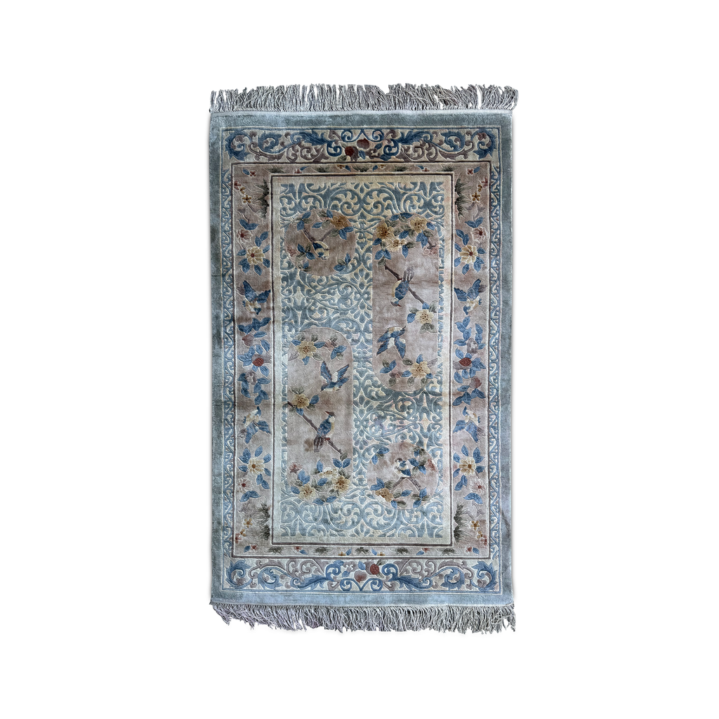 Vintage Tianjin Handmade Silk Carpet  Birds & Flowers, China