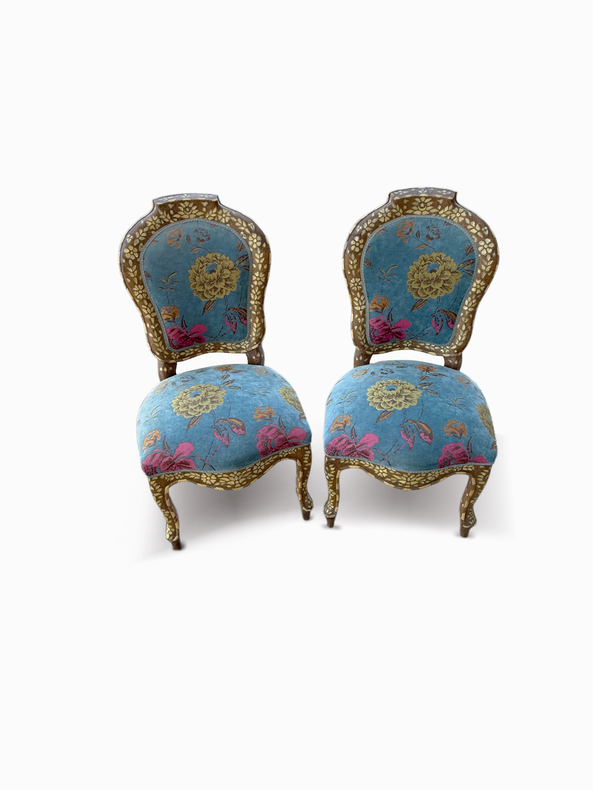 Pair of Mother of Pearl Inlaid Solid Wood Chairs with Metal Detailing