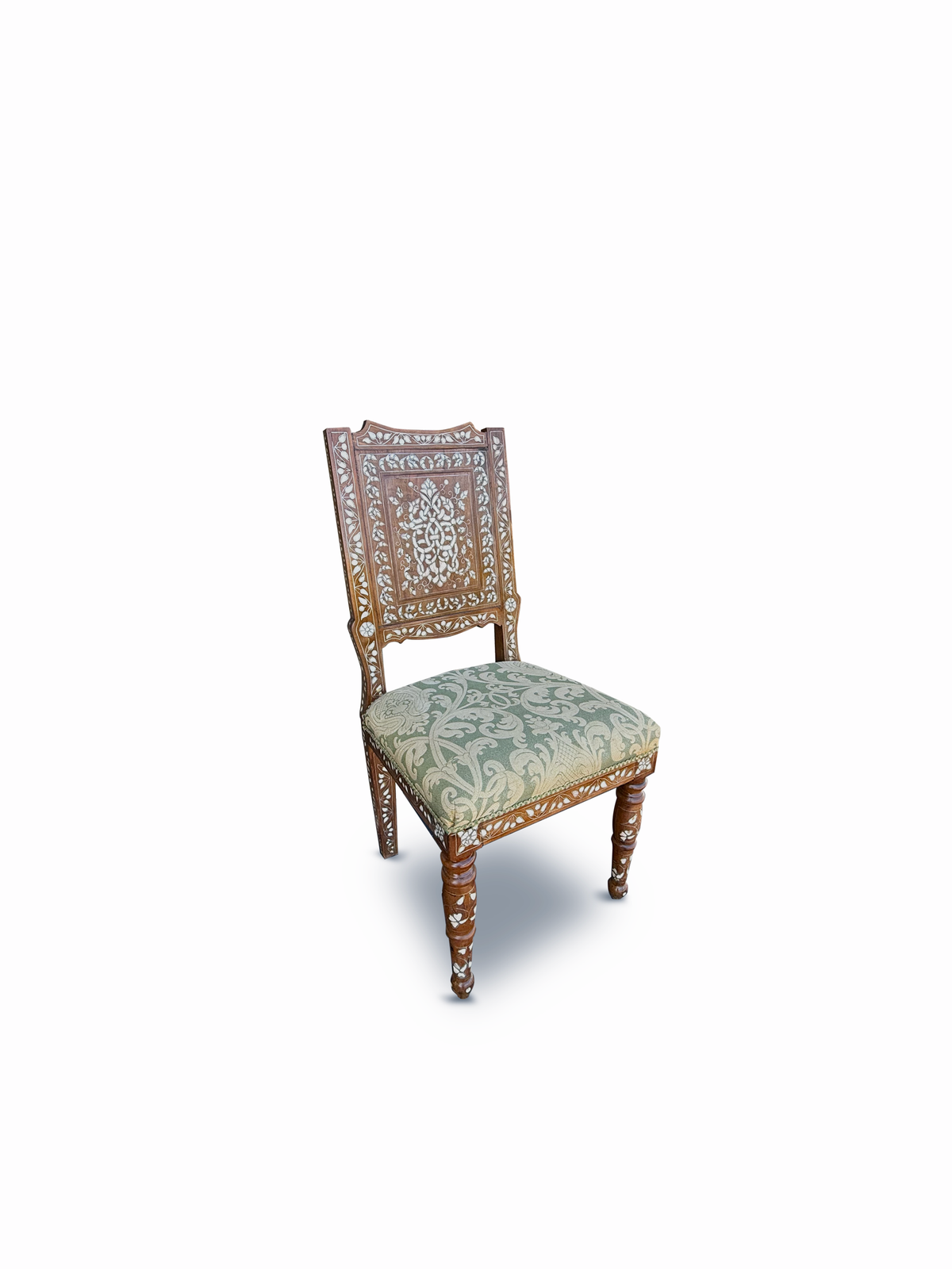 Antique Pair of Mother of Pearl & Silver Inlaid Solid Wood Chairs