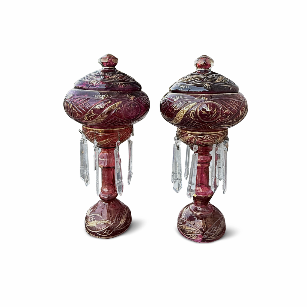 Pair of Vintage Cranberry Red Glass Lidded Urns with Crystal Drops