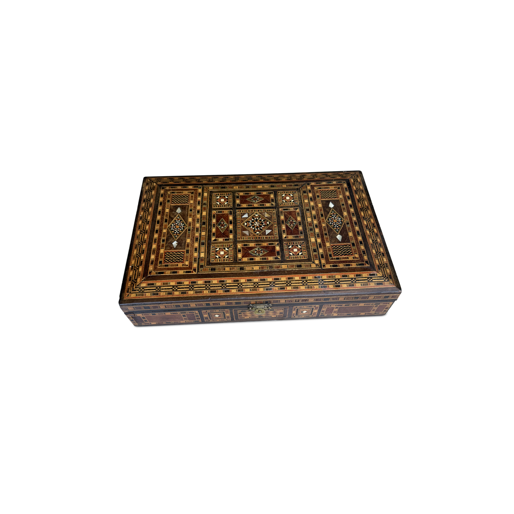Old Syrian Mosaic Inlaid Wooden Box, Geometric Marquetry & Mother of Pearl