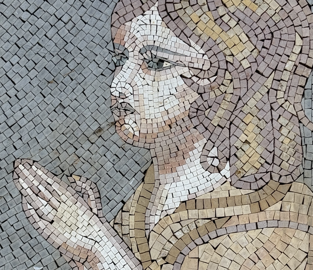 Vintage Hand Cut Natural Stone Mosaic Praying Child