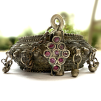 Antique Arabian Silver Hinged Bangle with Bell Drops and Garnet Clasp