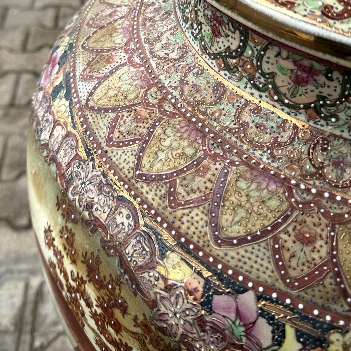 Large Japanese Satsuma Floor Vase with Lid and Stand