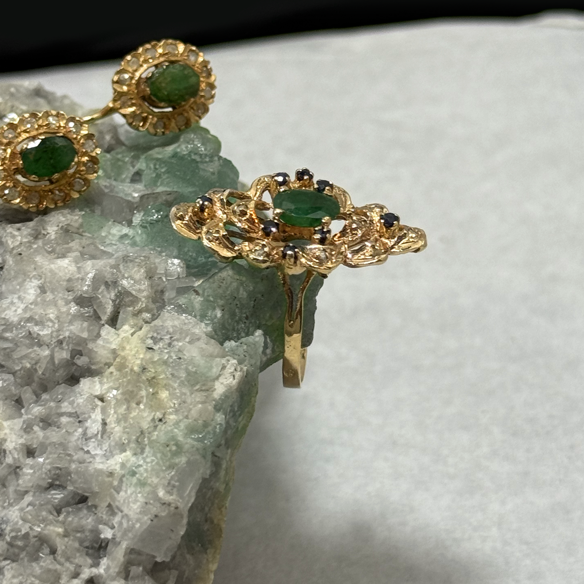 Vintage 14K Gold Emerald, Sapphire & Paste Ring and Earrings Set