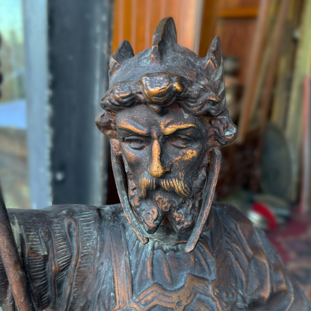Large Vintage Cast Bronze Medieval Armored Guard Torchère Sculpture