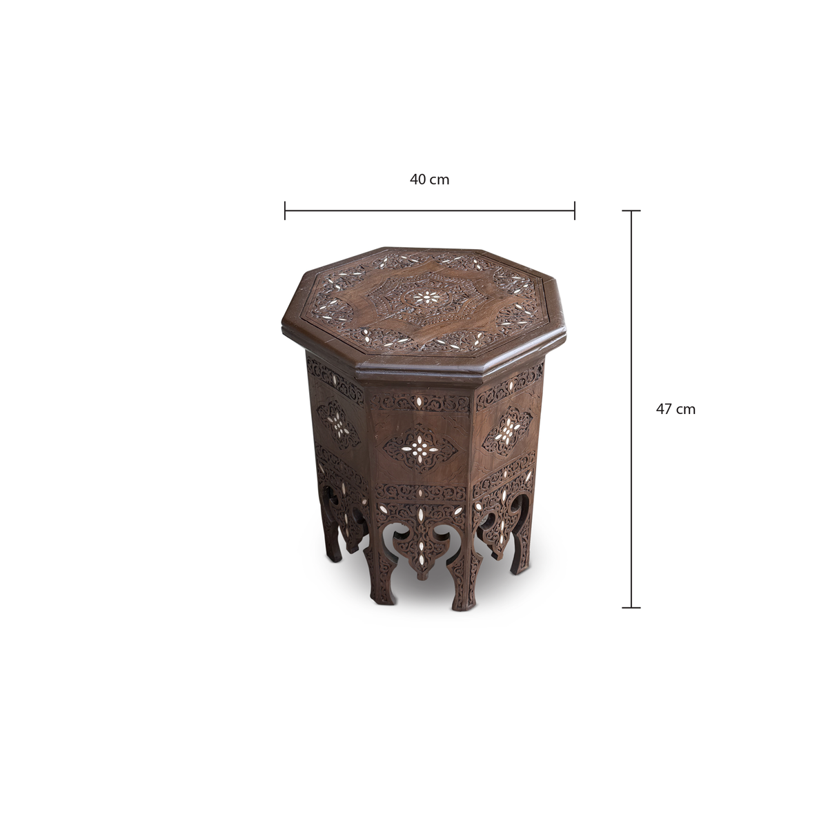 Vintage Hand Carved Octagonal Wooden Side Table with Mother of Pearl Inlay