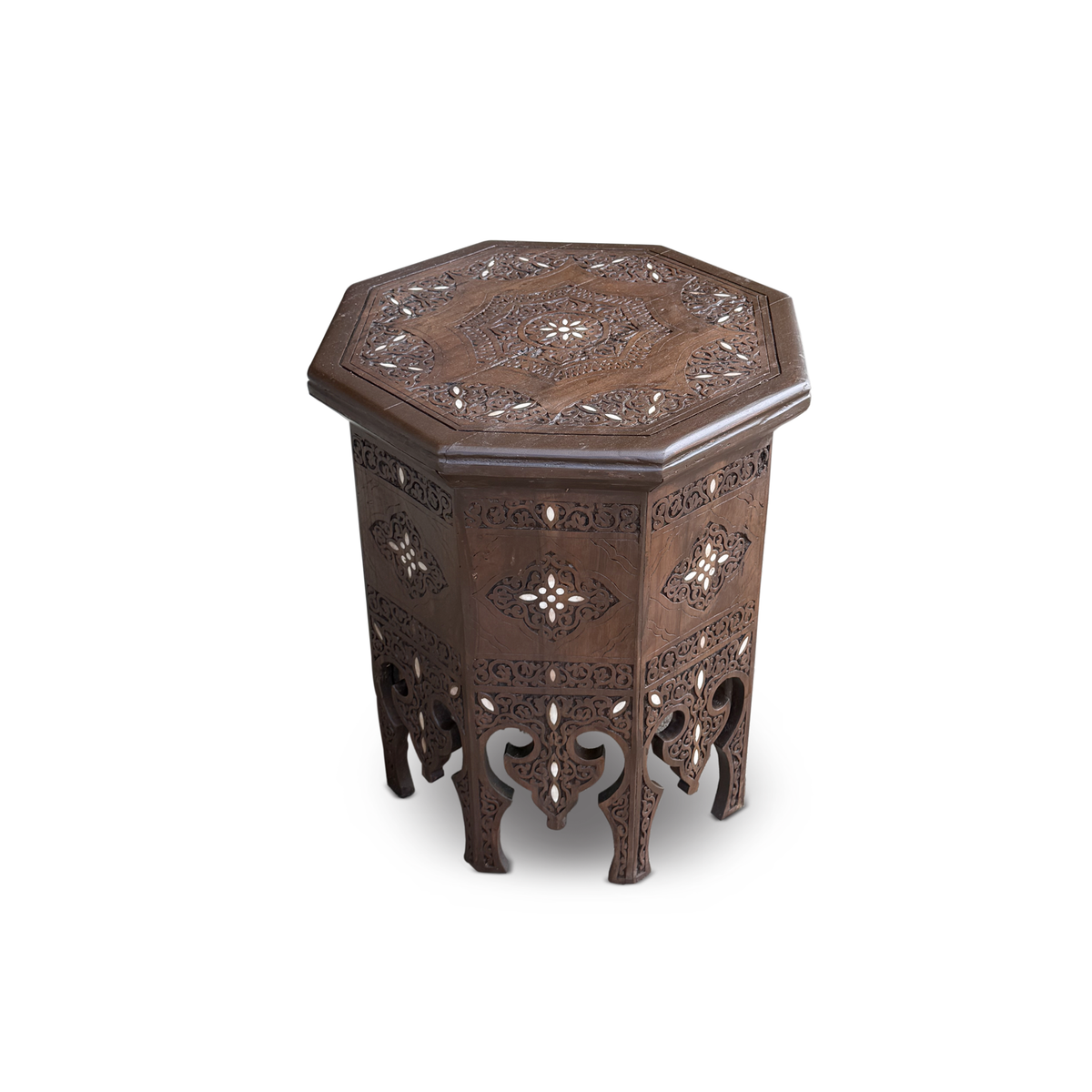 Vintage Hand Carved Octagonal Wooden Side Table with Mother of Pearl Inlay