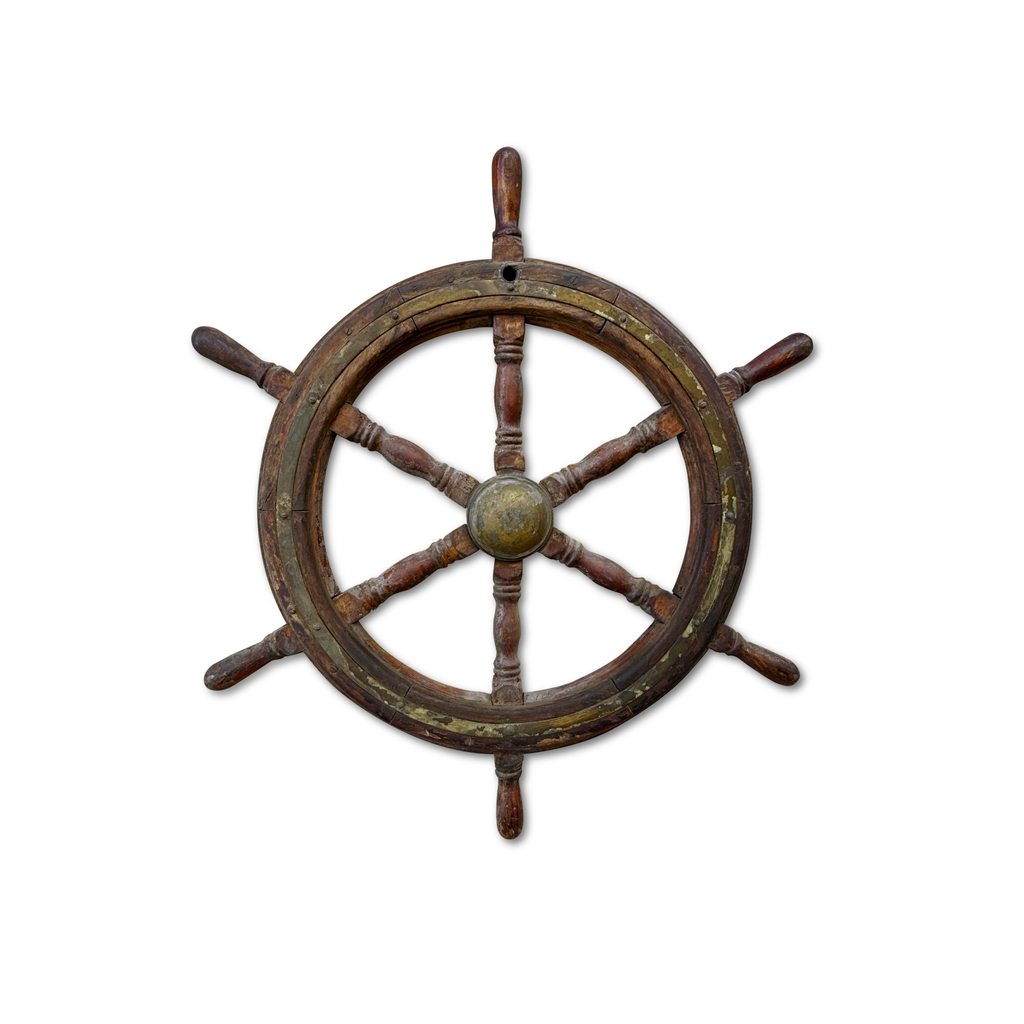 Large Wooden Ship’s Wheel with Brass Fittings