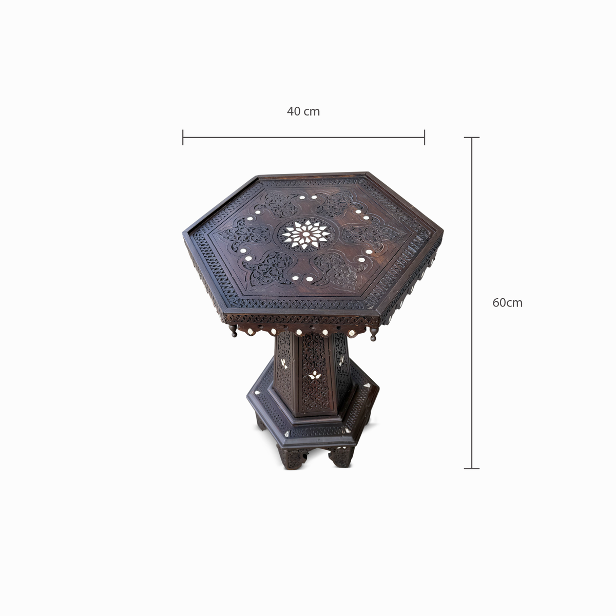 Vintage Hand Carved Hexagonal Wooden Side Table with Mother of Pearl Inlay