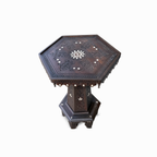 Vintage Hand Carved Hexagonal Wooden Side Table with Mother of Pearl Inlay