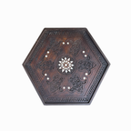 Vintage Hand Carved Hexagonal Wooden Side Table with Mother of Pearl Inlay