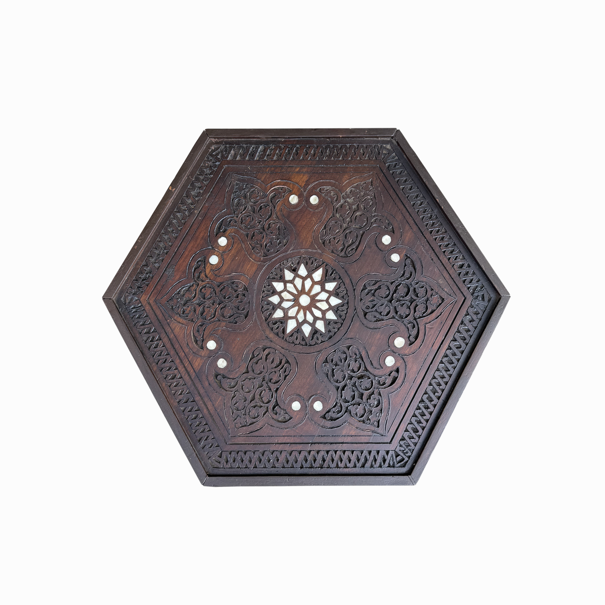 Vintage Hand Carved Hexagonal Wooden Side Table with Mother of Pearl Inlay