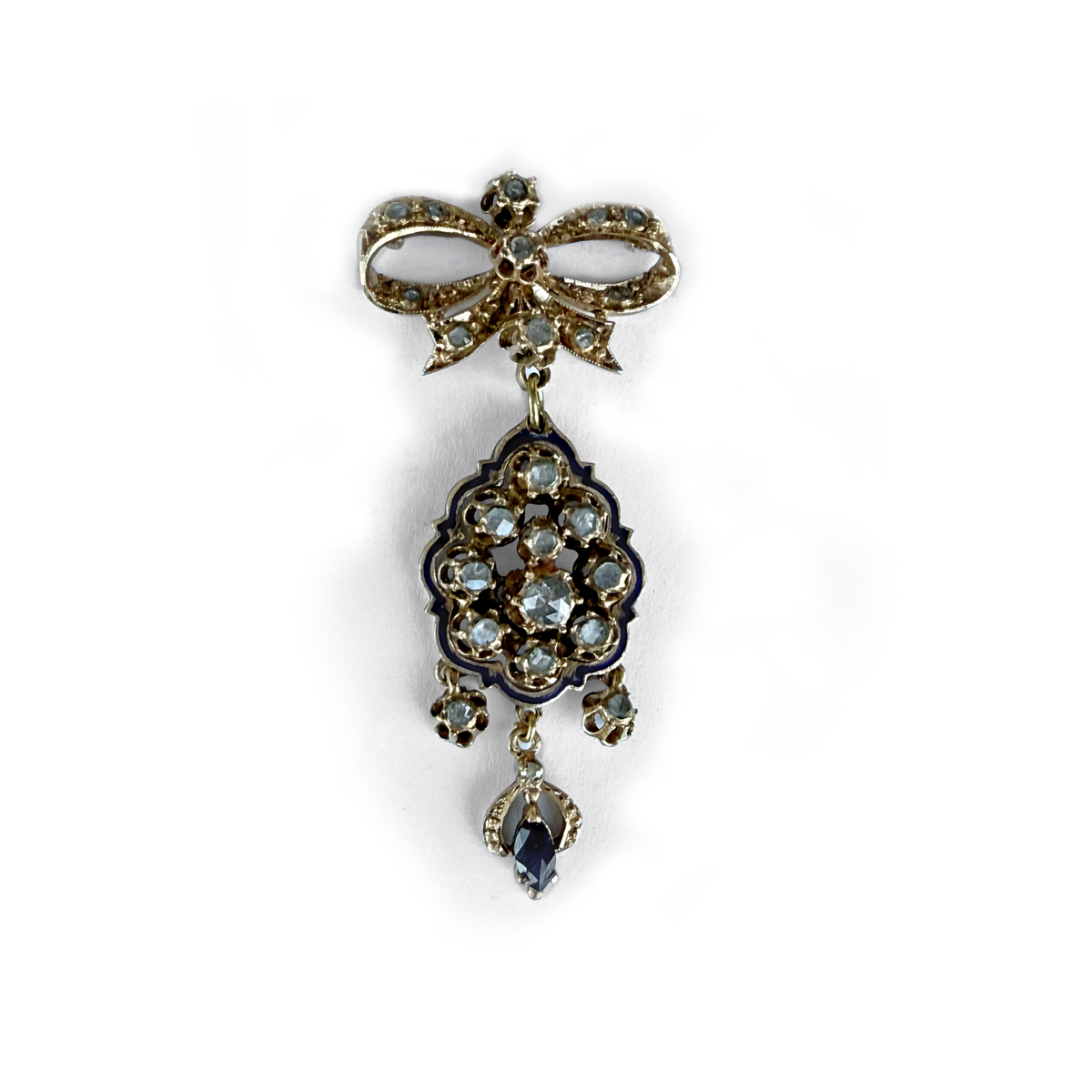 Antique 14K Gold Diamond & Blue Enamel Bow Pendant Brooch