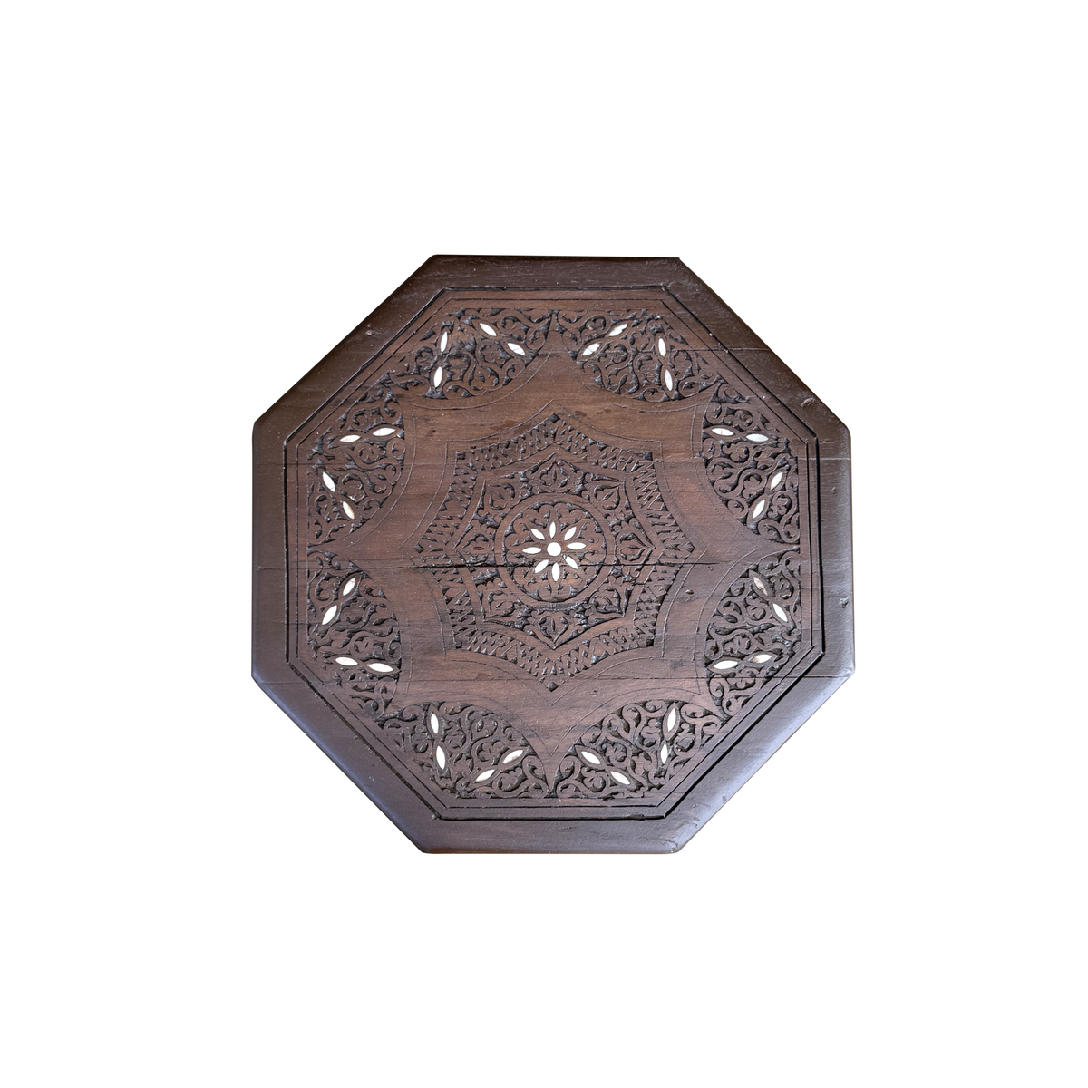 Vintage Hand Carved Octagonal Wooden Side Table with Mother of Pearl Inlay
