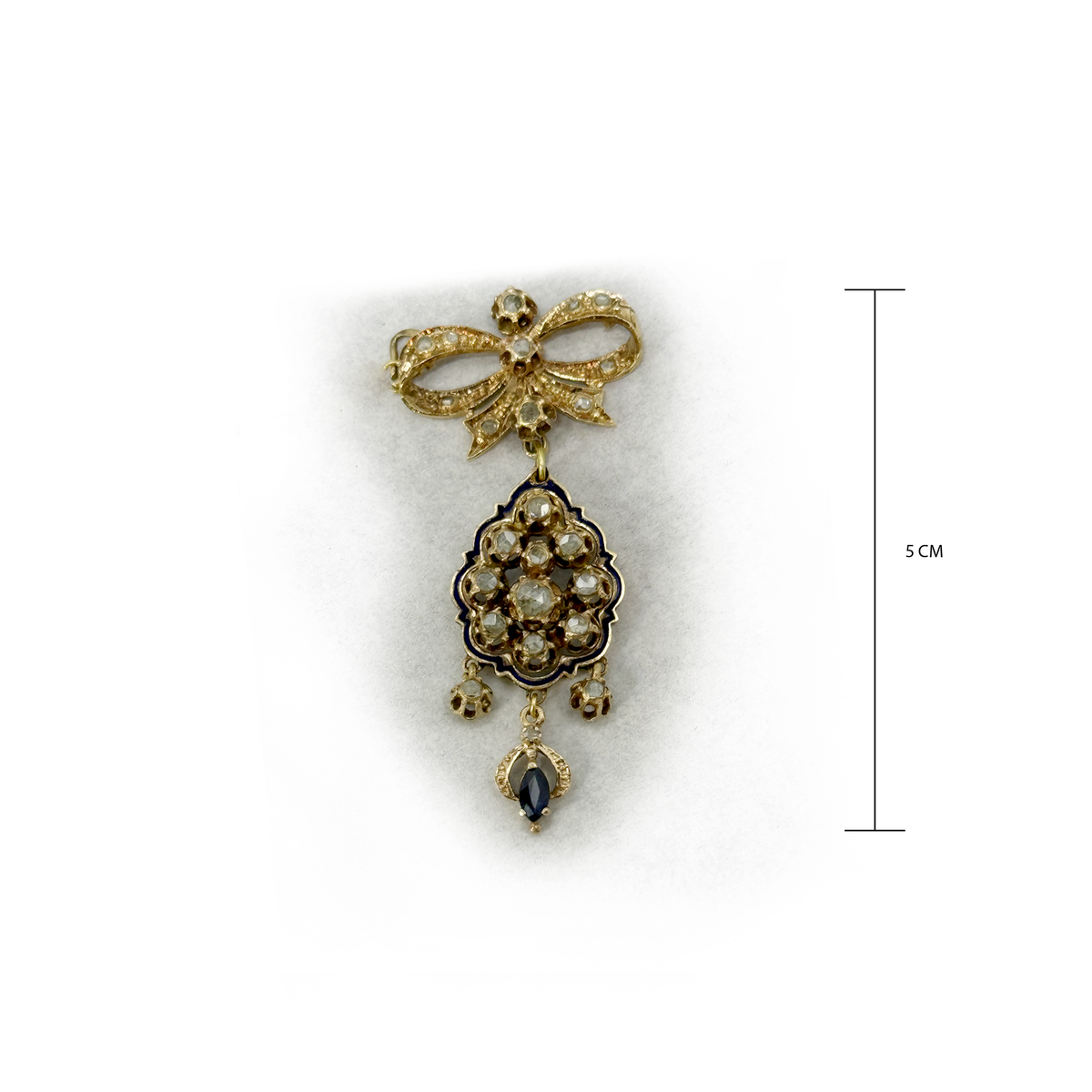 Antique 14K Gold Diamond & Blue Enamel Bow Pendant Brooch